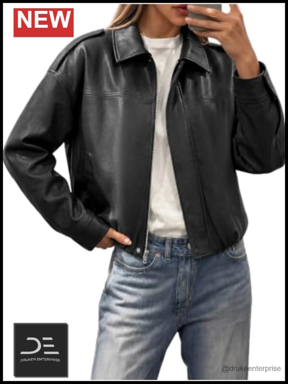 Faux Leather Cropped Oversized Bomber Jacket Zip Up